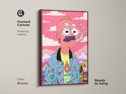 Framed canvas art featuring a cartoon man smoking. The floating frame in brown enhances the artwork's appeal. This ready-to-hang print adds a warm and stylish touch to any room. The unique character and vibrant colors make it a standout piece. A great addition to your wall art.