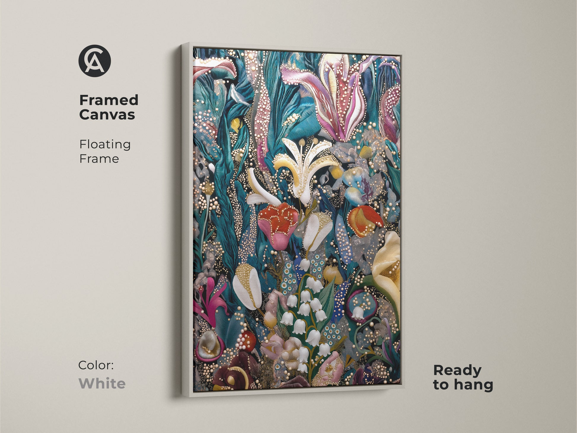A framed canvas in white showcasing surreal botanical artwork. This fantasy floral art features Lily of the Valley and Tulips. The deep green pink and teal colors create a nature inspired wall decor. Ready to hang this artistic piece is perfect as a gift.