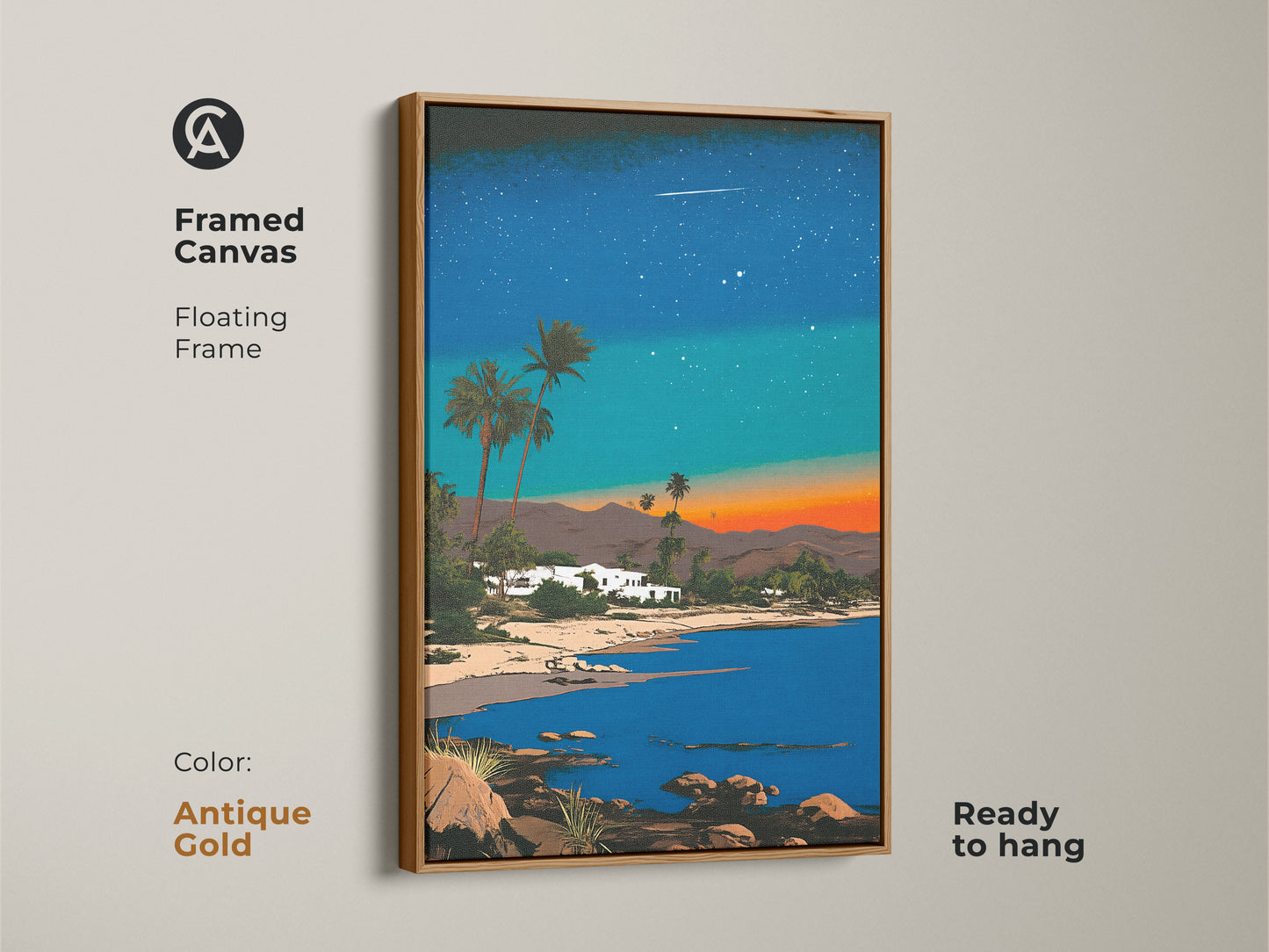 Framed canvas with an antique gold floating frame displays a beach house at night. Palm trees and retro synthwave art create a unique aesthetic. Enhance your eclectic home decor with this vibrant piece.
