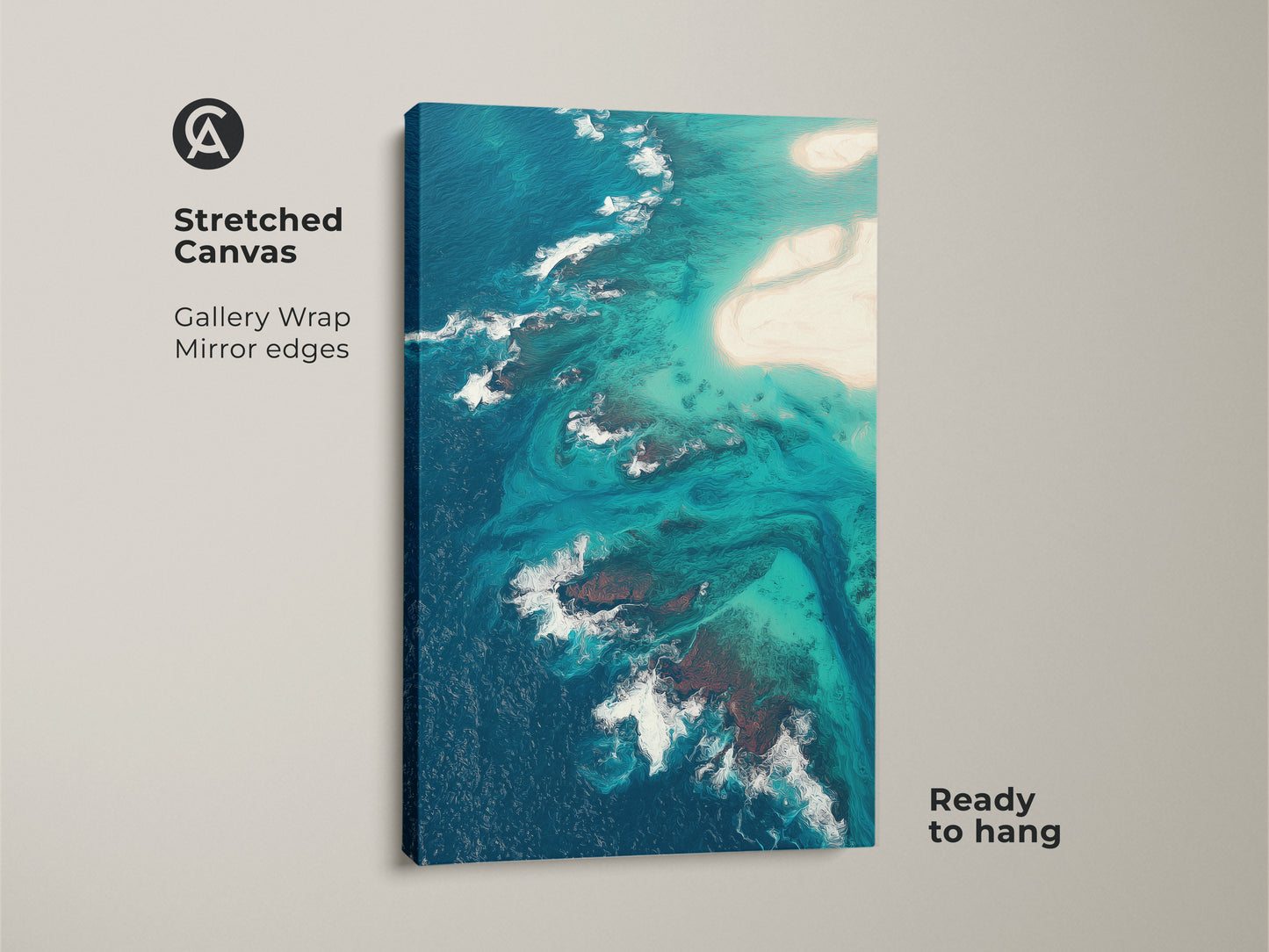 Stretched canvas featuring abstract aerial ocean art. This coastal turquoise beach artwork offers a deep blue seascape view. Ready to hang gallery-wrapped canvas with mirror edges. Ideal coastal living room art.