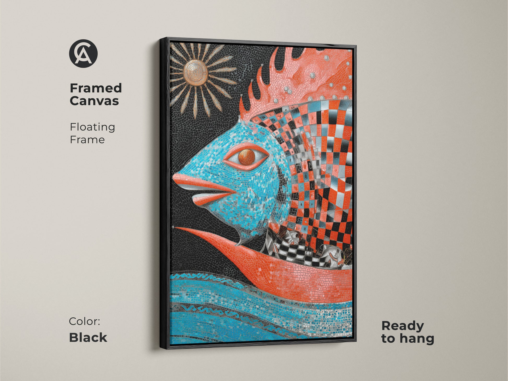 Add a touch of fantasy with this framed canvas. This mosaic fish artwork is ready to hang. The black floating frame enhances its vibrant teal blue hues. Perfect as eclectic wall decor for entryways.