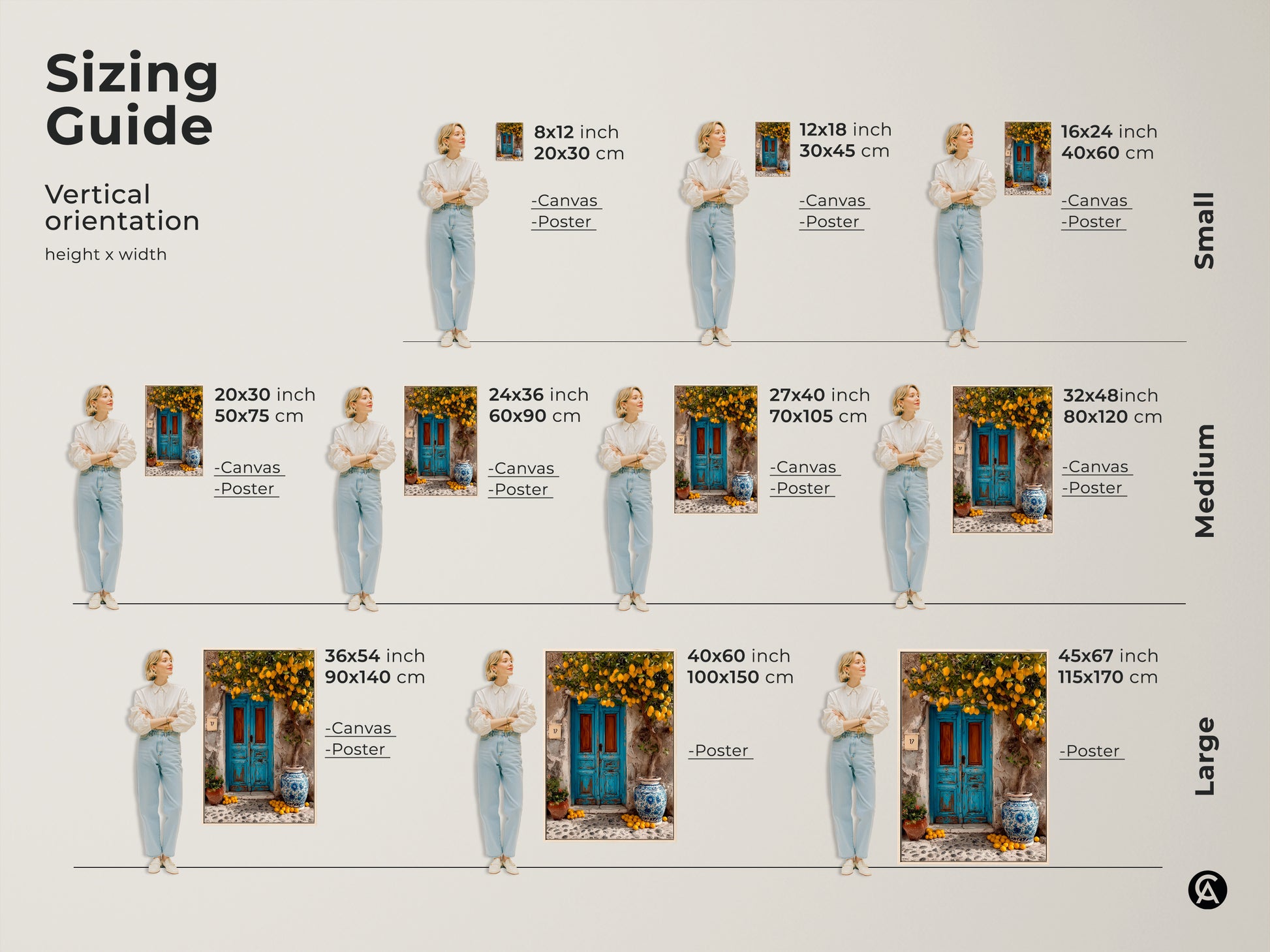 Sizing guide for vertical lemon tree artwork. This canvas and poster art is available in small medium and large sizes. Find the perfect fit for your space to showcase this Mediterranean blue door travel-inspired kitchen art. Add a touch of boho charm.
