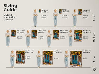 Sizing guide for vertical lemon tree artwork. This canvas and poster art is available in small medium and large sizes. Find the perfect fit for your space to showcase this Mediterranean blue door travel-inspired kitchen art. Add a touch of boho charm.