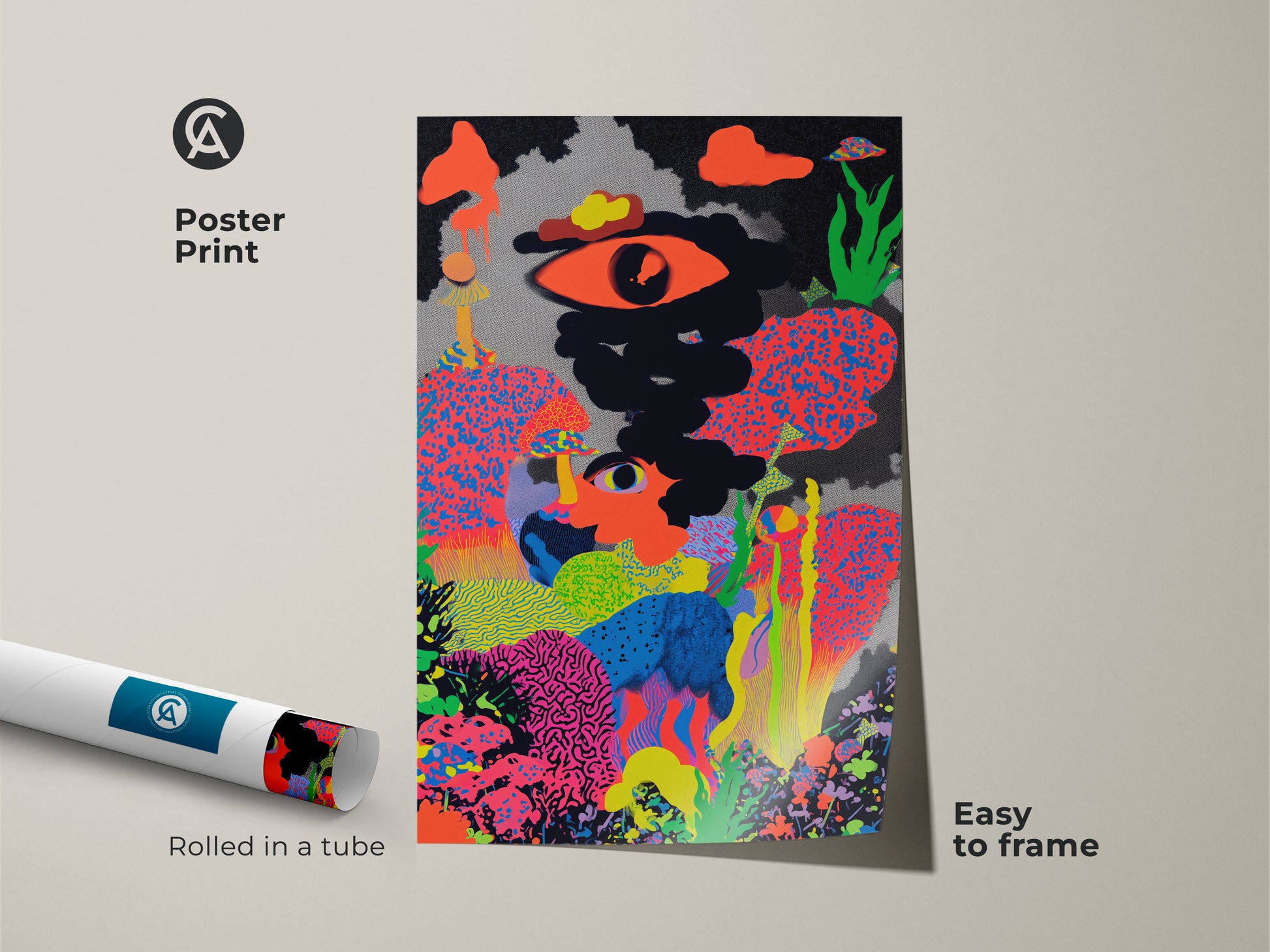 Poster print of psychedelic mushroom wall art. The abstract eye artwork is easy to frame. This neon art print features bright orange and black. It's rolled in a tube for protection.
