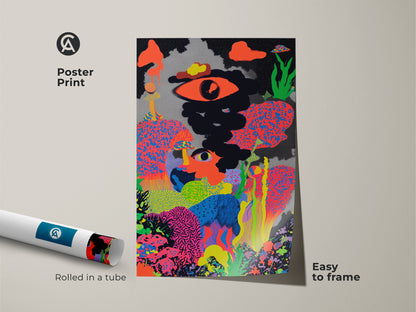 Poster print of psychedelic mushroom wall art. The abstract eye artwork is easy to frame. This neon art print features bright orange and black. It's rolled in a tube for protection.