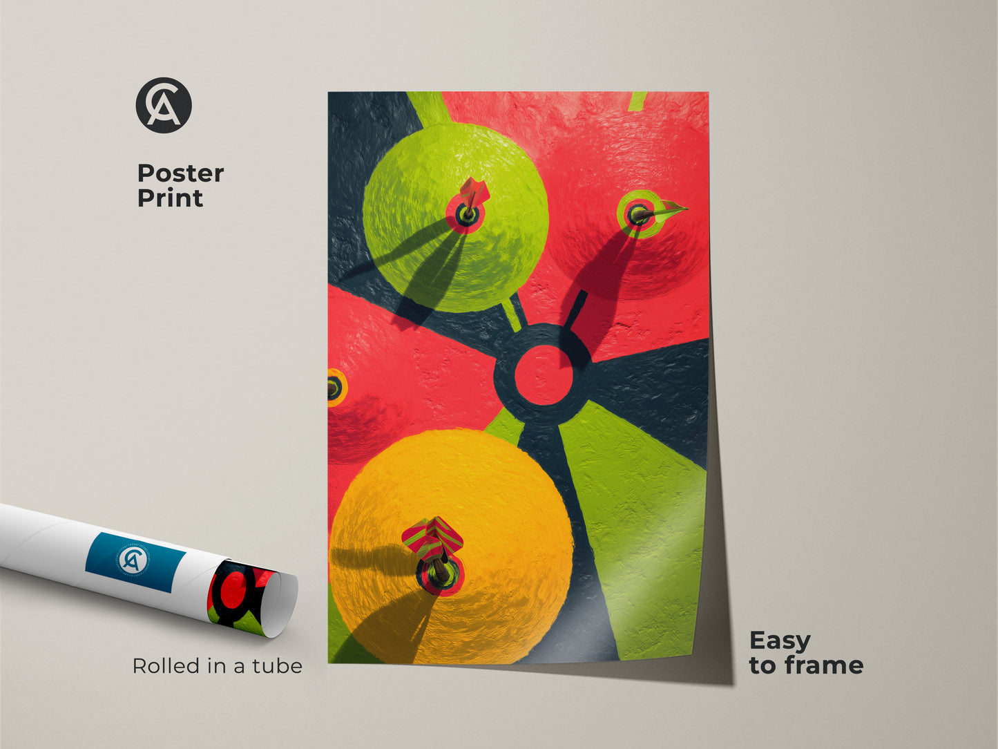 The abstract dartboard wall art print is a modern decor statement. This poster is easy to frame and brings bold color to any room. The geometric artwork features a unique rolled package.
