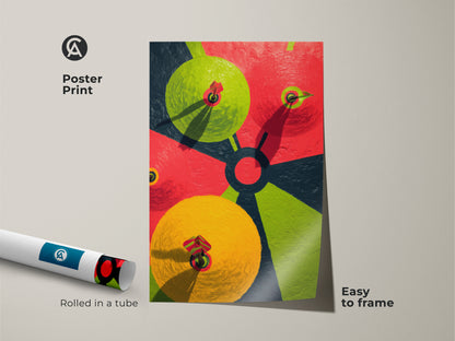 The abstract dartboard wall art print is a modern decor statement. This poster is easy to frame and brings bold color to any room. The geometric artwork features a unique rolled package.