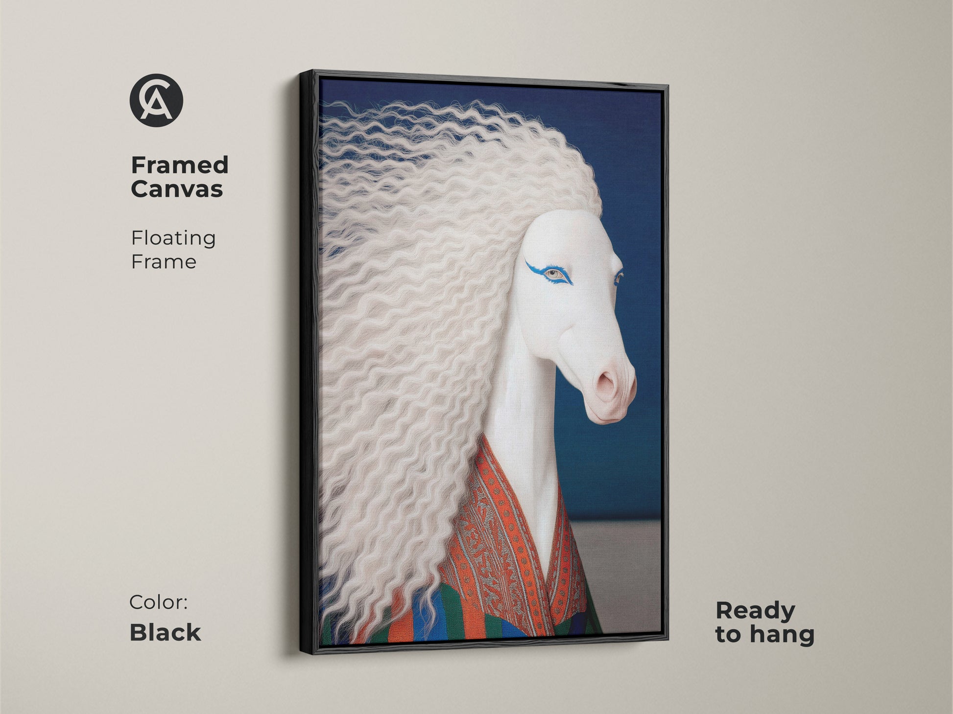 Framed canvas of a surreal white horse art print with a black floating frame ready to hang. The eclectic horse wall art features blue and orange accents. This fantasy unicorn canvas art makes for unique bedroom art.