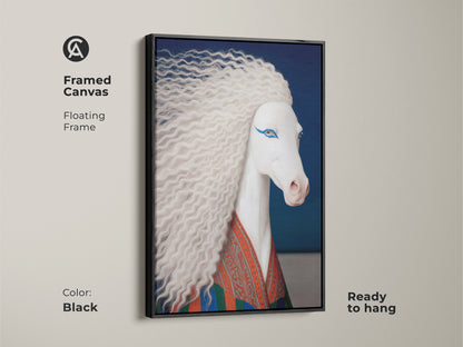 Framed canvas of a surreal white horse art print with a black floating frame ready to hang. The eclectic horse wall art features blue and orange accents. This fantasy unicorn canvas art makes for unique bedroom art.