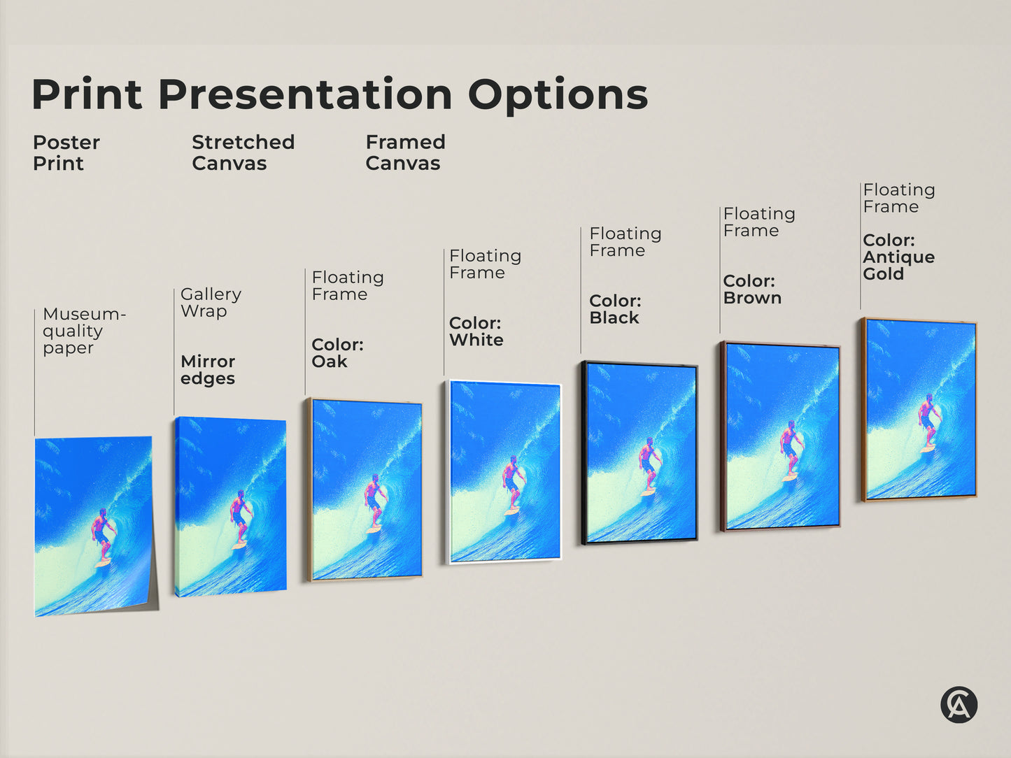 Explore print presentation options for deep blue ocean surfer art. Choose from poster print stretched canvas and framed canvas. A variety of floating frame colors available. Decorate your space with coastal artwork.