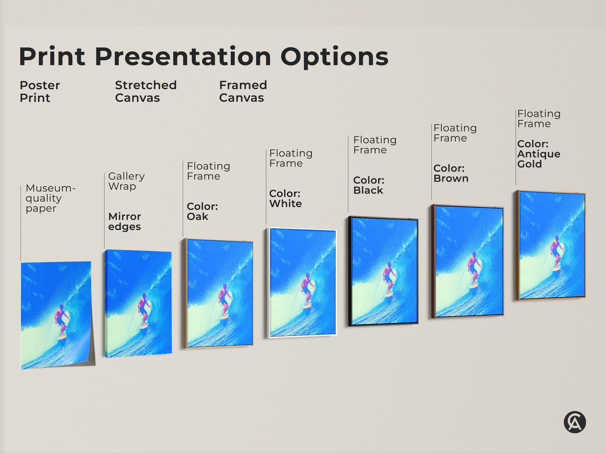 Explore print presentation options for deep blue ocean surfer art. Choose from poster print stretched canvas and framed canvas. A variety of floating frame colors available. Decorate your space with coastal artwork.