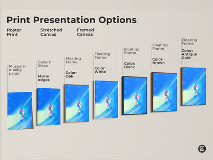 Explore print presentation options for deep blue ocean surfer art. Choose from poster print stretched canvas and framed canvas. A variety of floating frame colors available. Decorate your space with coastal artwork.