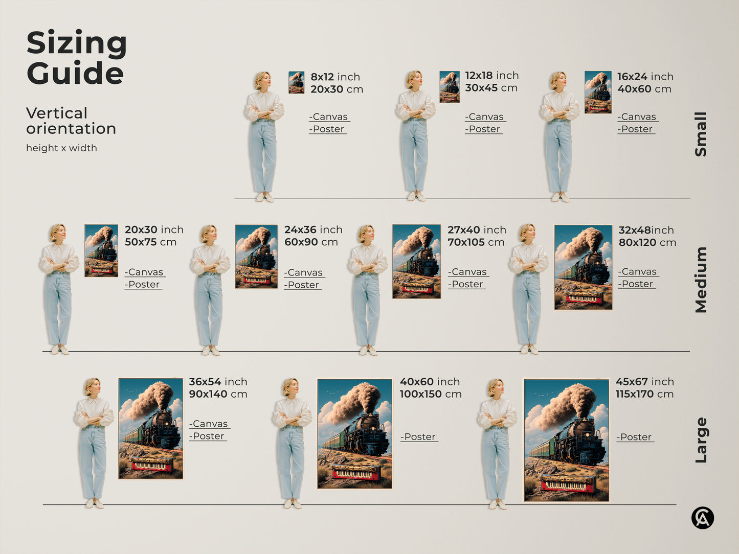 Sizing guide for vertical steam train artwork canvas poster. A surreal print with a retro locomotive and keyboard. Perfect for music travel & eclectic home decor. Choose from small medium or large sizes. Find the ideal fit for your study room or office space. Gift for art enthusiasts.