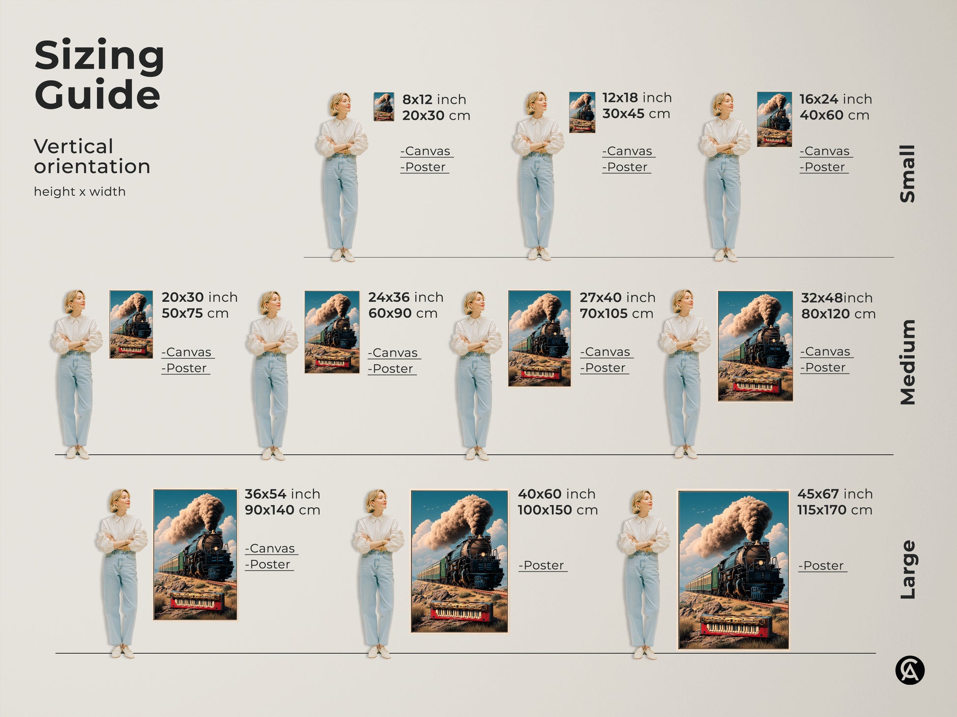Sizing guide for vertical steam train artwork canvas poster. A surreal print with a retro locomotive and keyboard. Perfect for music travel & eclectic home decor. Choose from small medium or large sizes. Find the ideal fit for your study room or office space. Gift for art enthusiasts.
