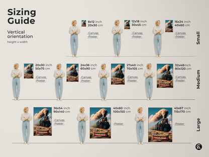 Sizing guide for vertical steam train artwork canvas poster. A surreal print with a retro locomotive and keyboard. Perfect for music travel & eclectic home decor. Choose from small medium or large sizes. Find the ideal fit for your study room or office space. Gift for art enthusiasts.