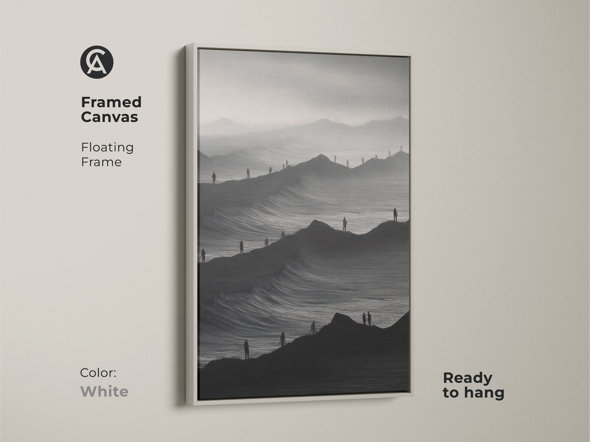 Framed canvas art presents a monochrome mountainscape. White floating frame enhances this abstract landscape print. Ready to hang minimalist artwork. Black and white tones suit modern decor. A perfect housewarming gift modern art.