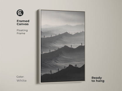 Framed canvas art presents a monochrome mountainscape. White floating frame enhances this abstract landscape print. Ready to hang minimalist artwork. Black and white tones suit modern decor. A perfect housewarming gift modern art.