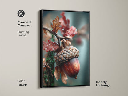 Framed canvas art of an acorn with leaves. This floating frame is black. The acorn art is ready to hang. Perfect for adding a touch of nature to your living space. The black frame enhances the artwork.