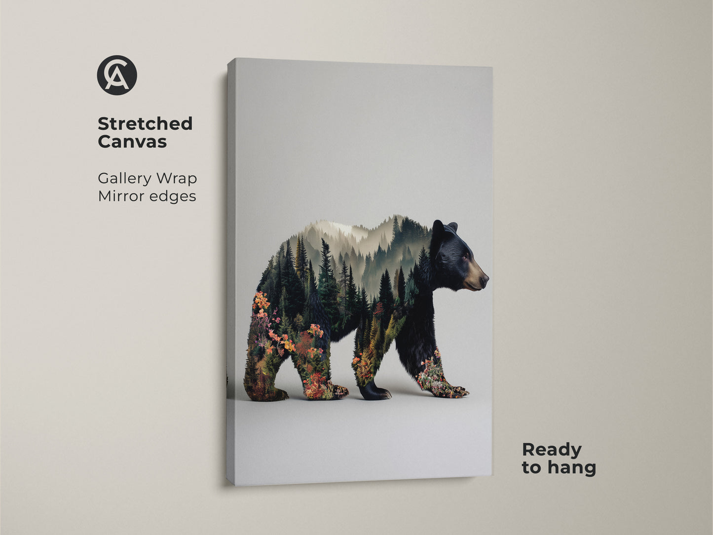 Stretched canvas gallery wrap of a bear double exposure wall art. This rustic modern animal art merges a bear with a forest landscape. This nature lovers gift idea is ready to hang. The woodland bear artwork enhances home decor.