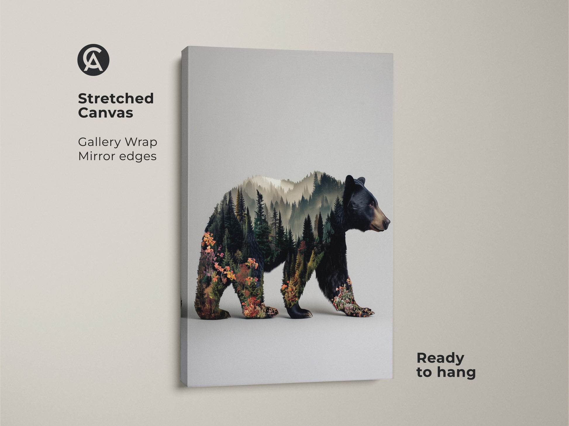 Stretched canvas gallery wrap of a bear double exposure wall art. This rustic modern animal art merges a bear with a forest landscape. This nature lovers gift idea is ready to hang. The woodland bear artwork enhances home decor.