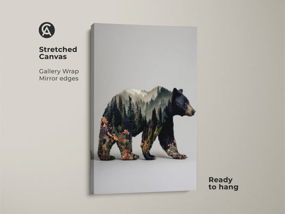 Stretched canvas gallery wrap of a bear double exposure wall art. This rustic modern animal art merges a bear with a forest landscape. This nature lovers gift idea is ready to hang. The woodland bear artwork enhances home decor.