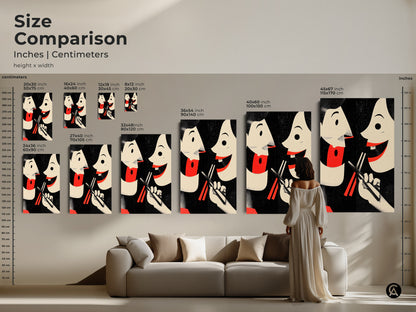 Size comparison featuring retro couple art in various dimensions. This Asian culture inspired wall art is perfect for eclectic kitchens. Visualize the impact of this playful couple sharing food art. Ideal foodie gift idea to bring a retro vibe to any space.