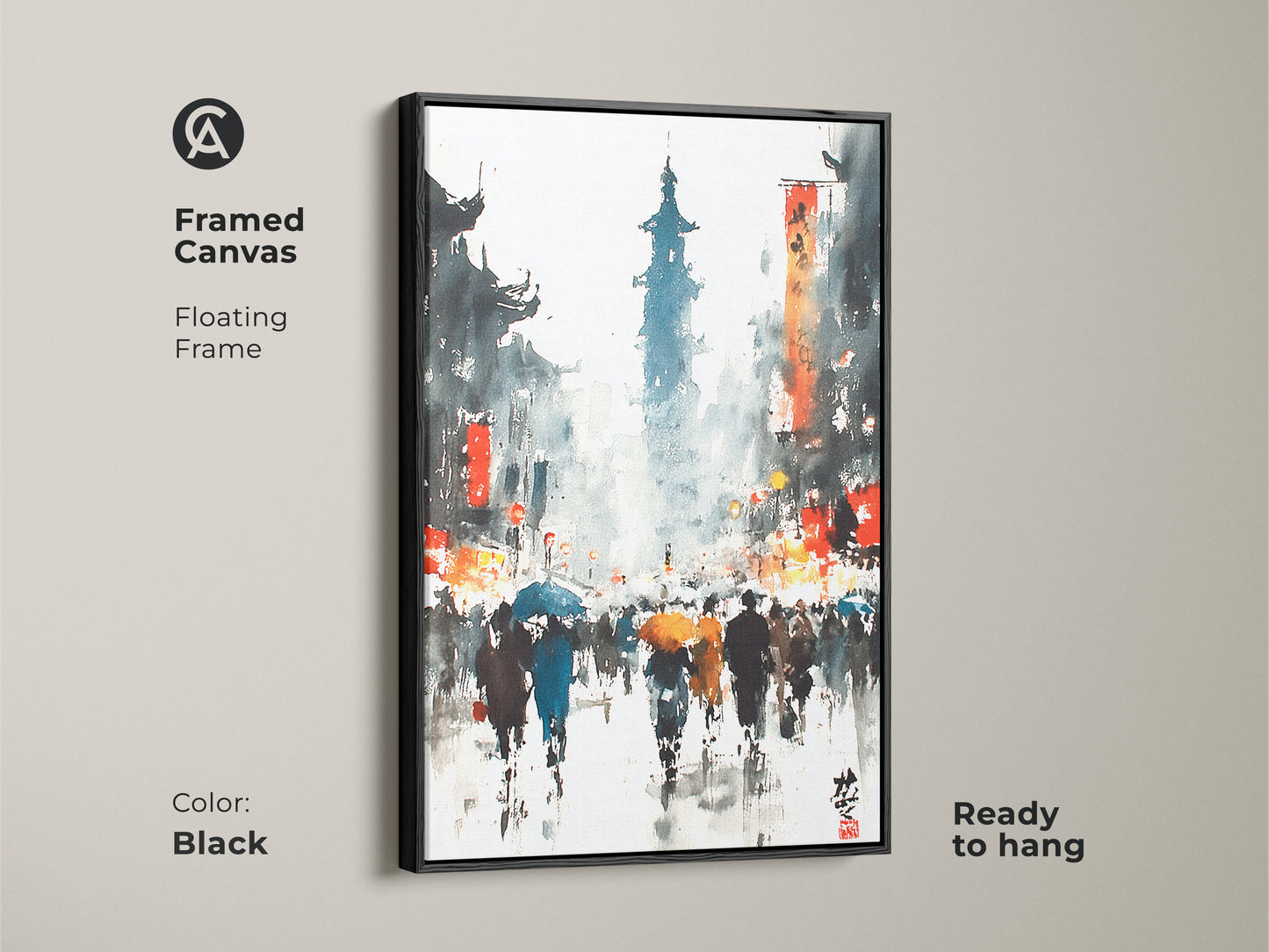 This framed canvas features a floating black frame. The artwork depicts a rainy Asian street scene in watercolor. It arrives ready to hang adding sophistication to your decor.