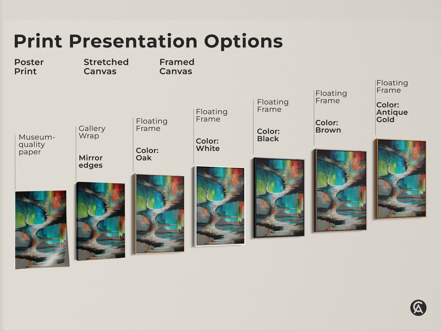 Explore print presentation options for this abstract landscape artwork. Choose from poster prints stretched canvas or framed canvas. Available with museum quality paper gallery wrap and floating frames in various colors.