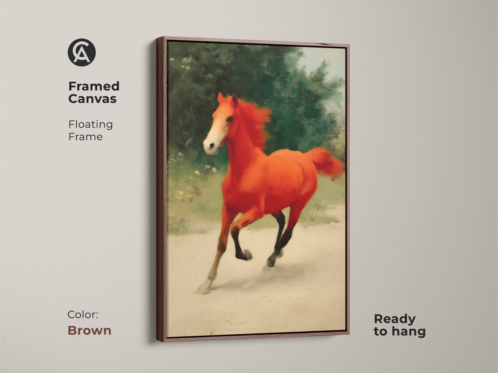 Framed canvas print of a galloping orange horse. The equine artwork features a floating brown frame. This vibrant horse wall decor is ready to hang. Perfect for horse lovers seeking unique equestrian art. This piece adds an eclectic touch.