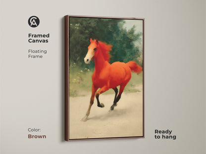 Framed canvas print of a galloping orange horse. The equine artwork features a floating brown frame. This vibrant horse wall decor is ready to hang. Perfect for horse lovers seeking unique equestrian art. This piece adds an eclectic touch.