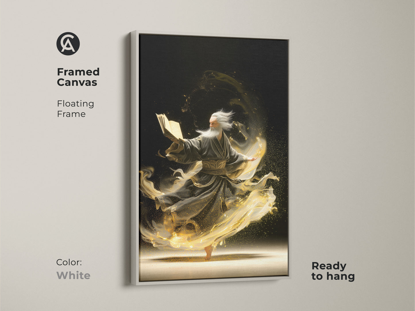 A framed canvas print shows an elderly man reading a magic book. The swirling golden energy in this fantasy artwork is beautiful. The white floating frame is ready to hang. This spiritual art adds an eclectic touch to your decor.