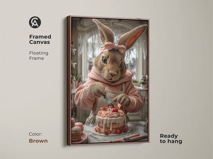 Brown framed canvas art of a bunny decorating a cake. The floating frame is ready to hang. This charming artwork is perfect for adding sweetness to your kitchen or home. It is a great gift for home bakers and pastry lovers. The warm browns and soft pinks create a cozy feel.