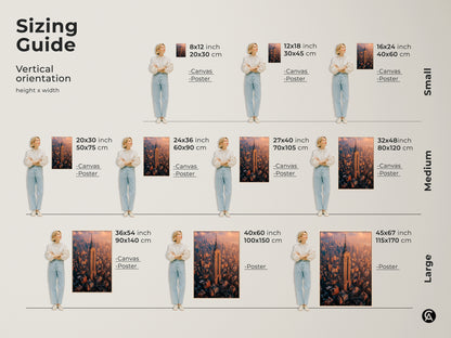 Sizing guide for Empire State Building vertical art orientation. See how canvas and poster prints look in various sizes. Sizes range from small to large. Find the perfect fit for your space with this size comparison.