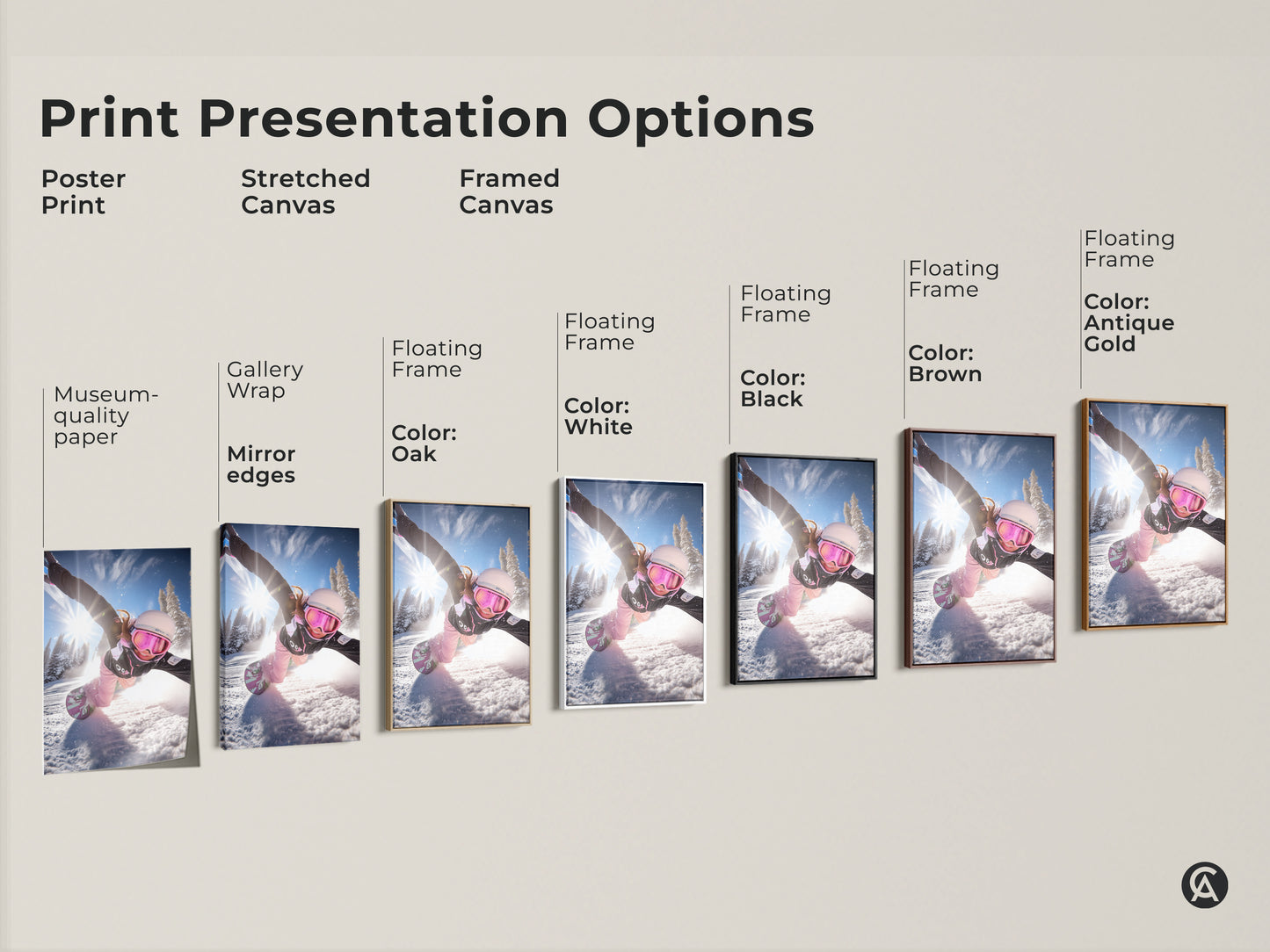 Explore print presentation options. Choose from poster prints stretched canvas and framed canvas. Featuring dynamic winter sports action art. Perfect for personalized snowboard gifts and decor.