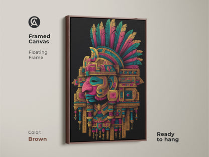 Framed Aztec Headdress canvas with a brown floating frame. This artwork is ready to hang. The brown frame adds warmth to the piece. A unique piece of cultural art