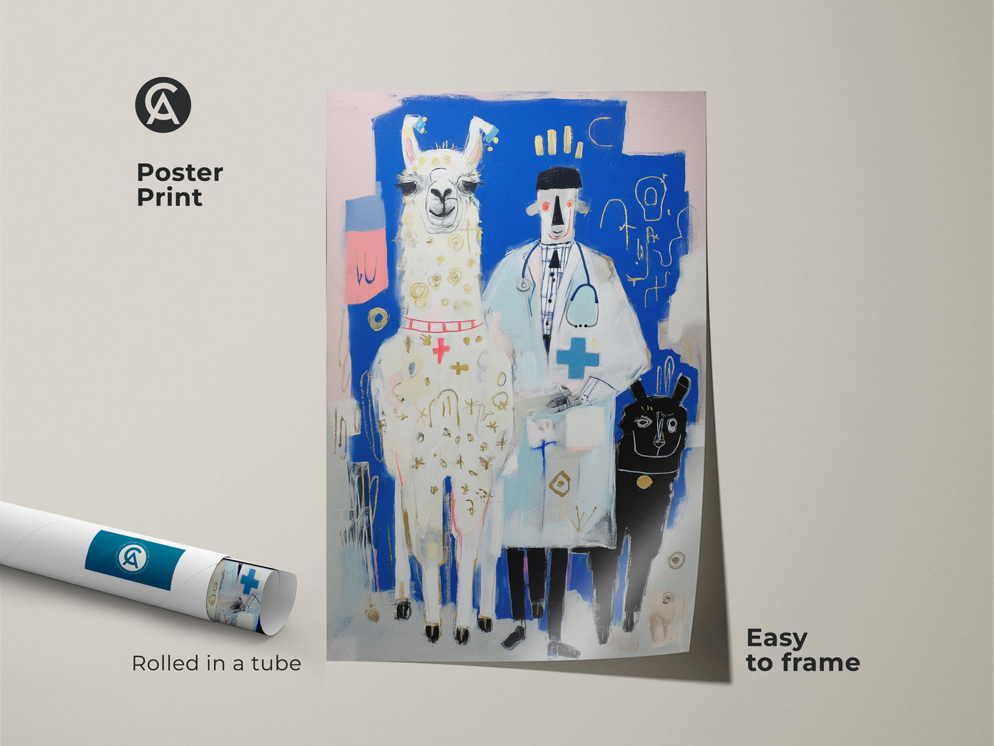 Poster print of the Llama Doctor artwork. The abstract animal art is rolled in a tube and easy to frame. This unique medical artwork is ideal for animal lovers and contemporary art collectors.