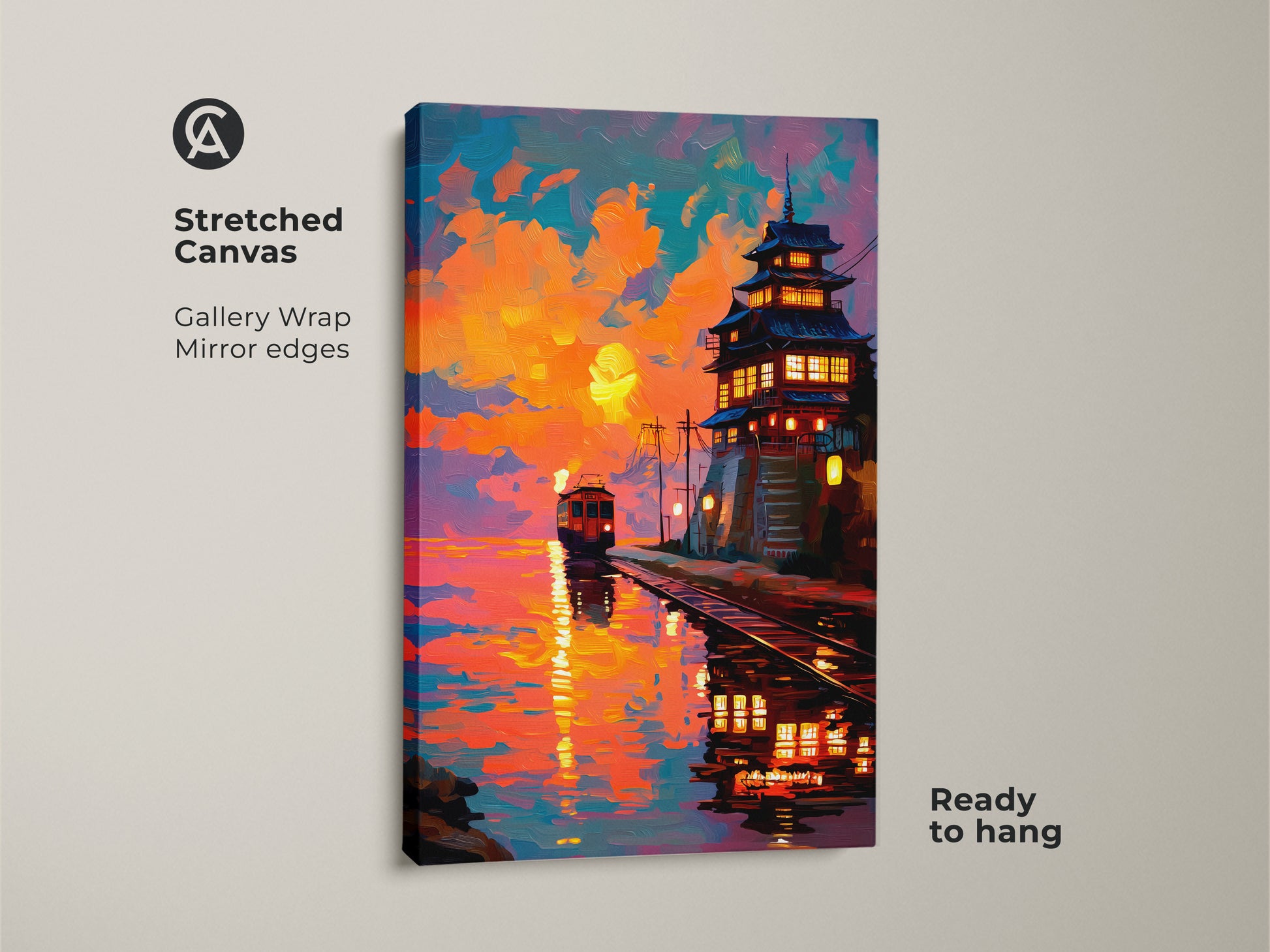 Stretched canvas print of a vibrant sunset over a Japanese pagoda and train scene. Gallery wrapped with mirrored edges and ready to hang. This orange yellow and teal artwork adds eclectic flair. Great travel enthusiast gift idea for unique home decor.