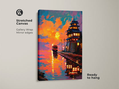 Stretched canvas print of a vibrant sunset over a Japanese pagoda and train scene. Gallery wrapped with mirrored edges and ready to hang. This orange yellow and teal artwork adds eclectic flair. Great travel enthusiast gift idea for unique home decor.