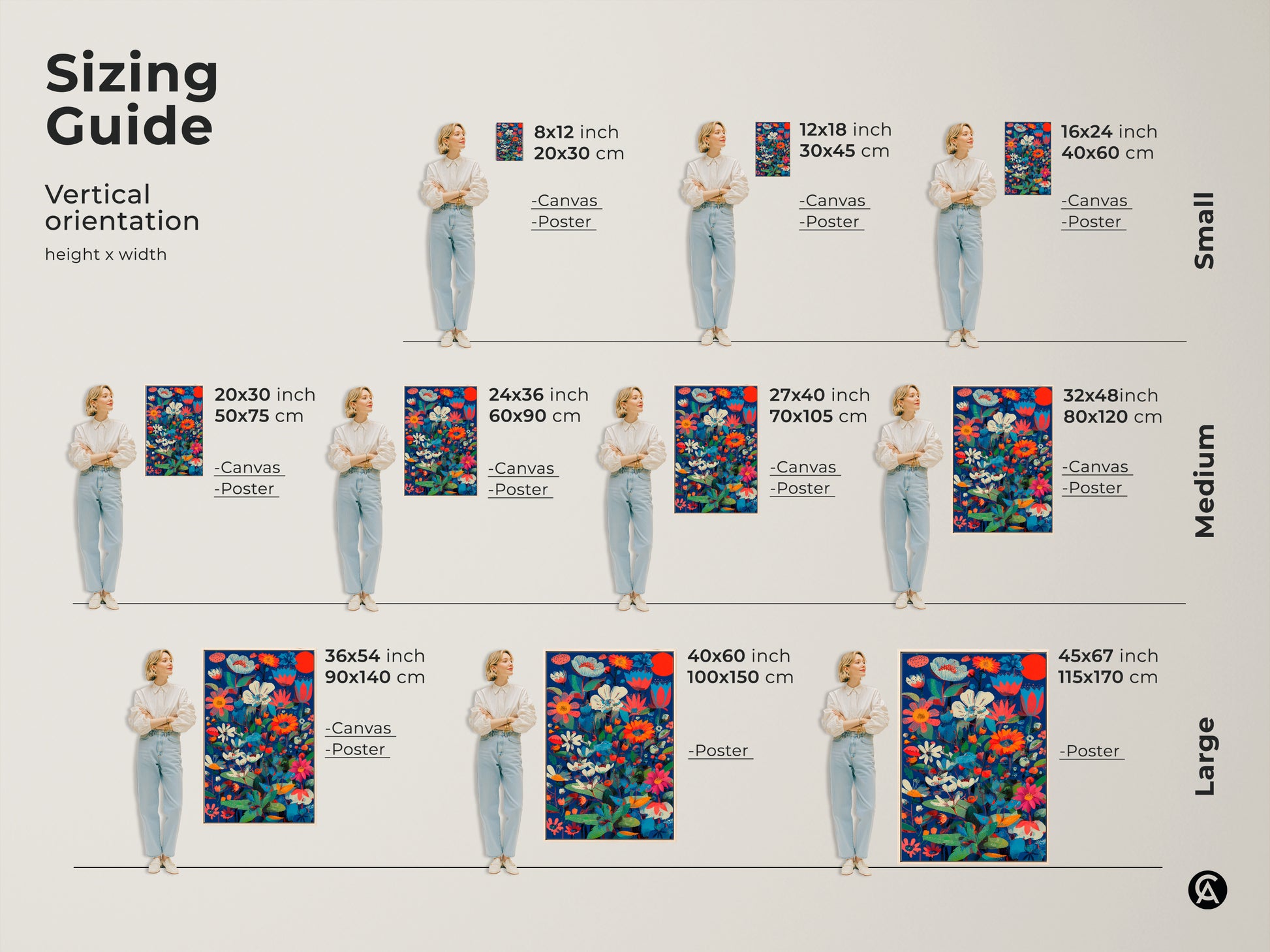 Sizing guide for botanical abstract wall art. Sizes range from small to large. The art features deep blue coral red and teal colors. Visualize how it fits in your space with canvas or poster options.