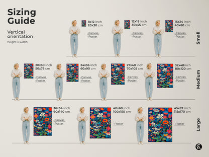 Sizing guide for botanical abstract wall art. Sizes range from small to large. The art features deep blue coral red and teal colors. Visualize how it fits in your space with canvas or poster options.