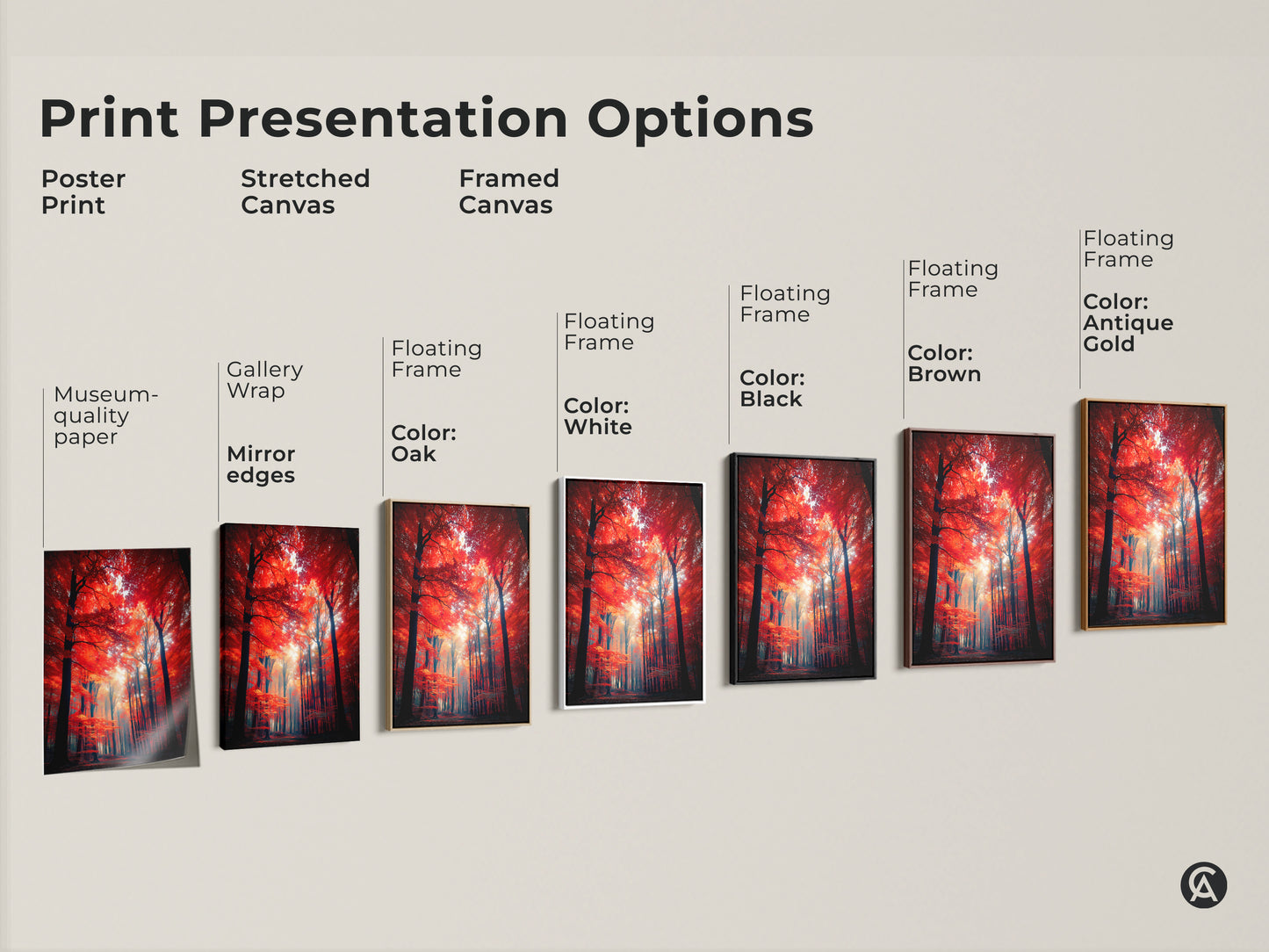 Explore print presentation options with this red forest artwork. Choose from poster prints stretched canvas and framed canvas. Various floating frame colors are available. Find the perfect style to complement your decor.