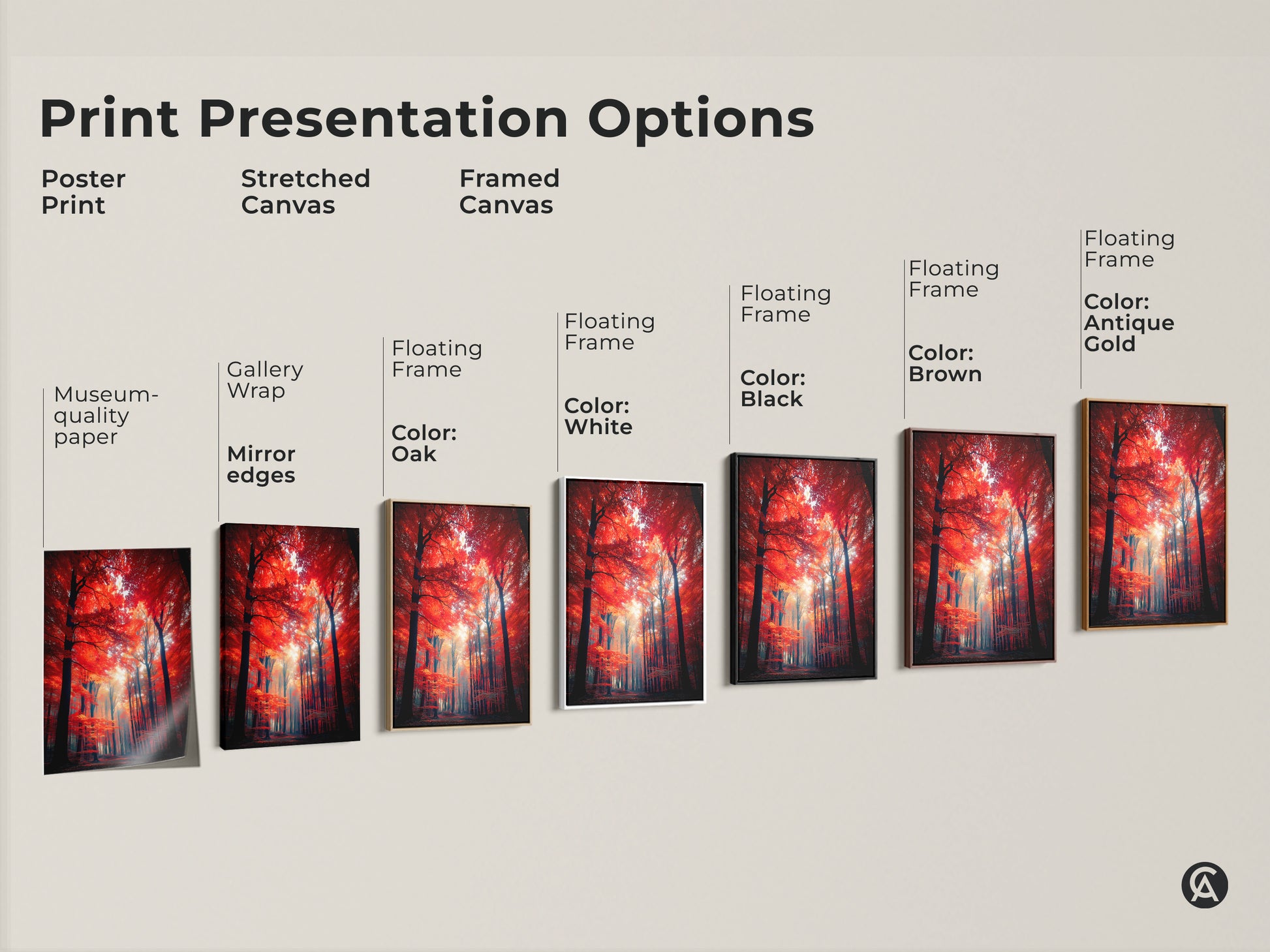 Explore print presentation options with this red forest artwork. Choose from poster prints stretched canvas and framed canvas. Various floating frame colors are available. Find the perfect style to complement your decor.