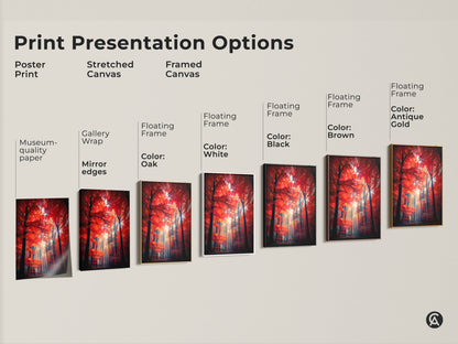 Explore print presentation options with this red forest artwork. Choose from poster prints stretched canvas and framed canvas. Various floating frame colors are available. Find the perfect style to complement your decor.