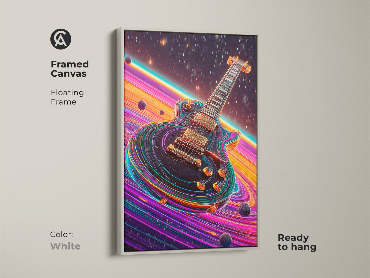 Framed canvas of a psychedelic electric guitar with a white floating frame. Ready to hang this space themed canvas art features a striking pink orange purple color palette. It makes a unique birthday gift for any guitarist.