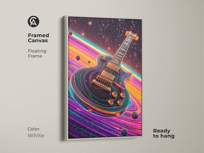 Framed canvas of a psychedelic electric guitar with a white floating frame. Ready to hang this space themed canvas art features a striking pink orange purple color palette. It makes a unique birthday gift for any guitarist.