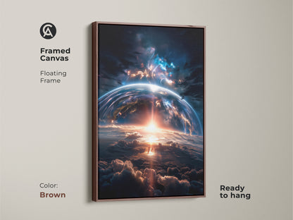 Framed canvas artwork showcasing an earthrise with a brown floating frame. This ready-to-hang piece brings warmth to any space. The cosmic artwork captures a breathtaking view. Perfect for living room or office wall decor. Add a celestial touch to your home.