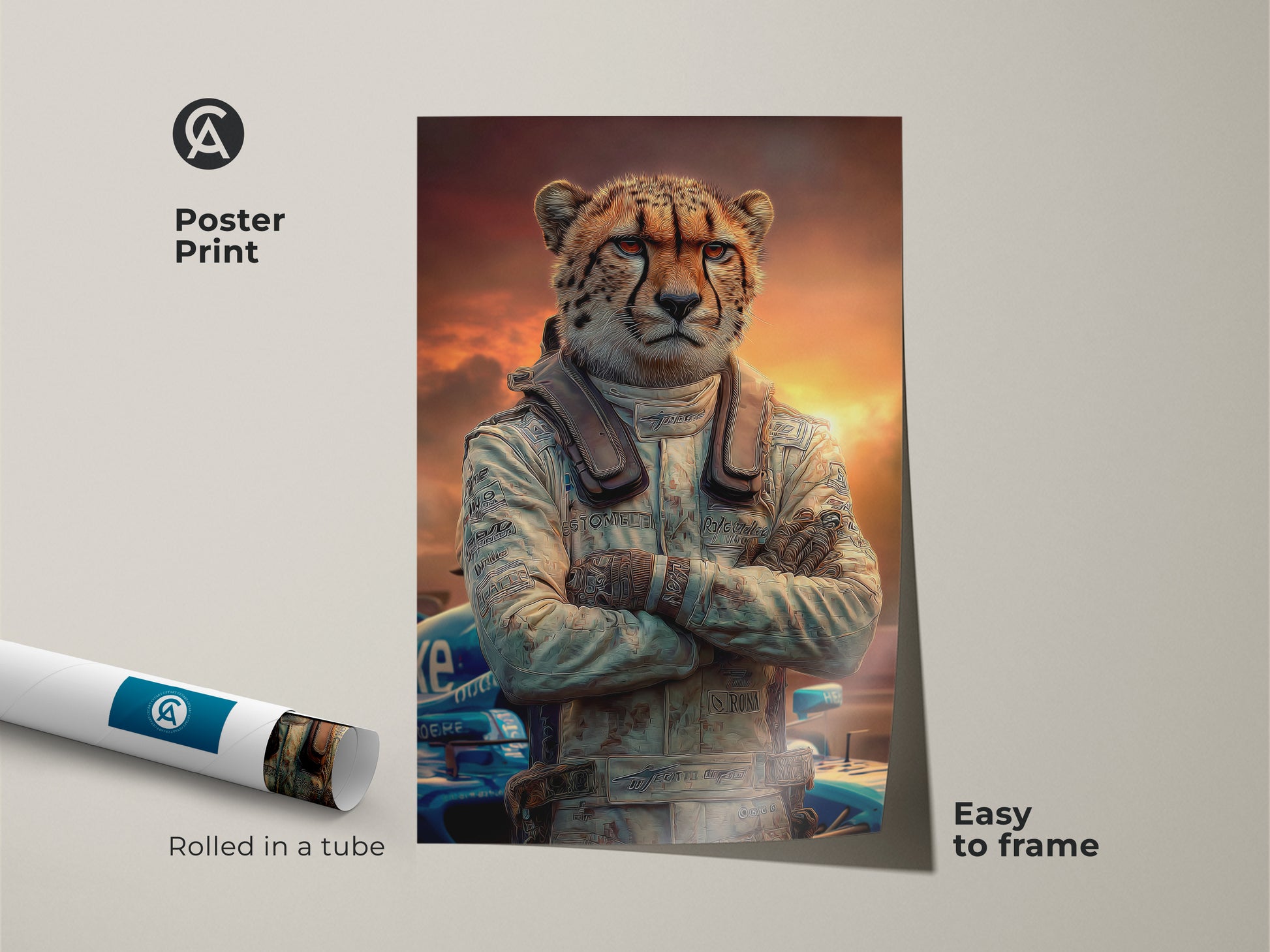 This poster print features a cheetah dressed as a race car driver. This surreal animal artwork arrives rolled in a tube. It is easy to frame and makes a unique office wall art piece. It features a cheetah in a racing suit.