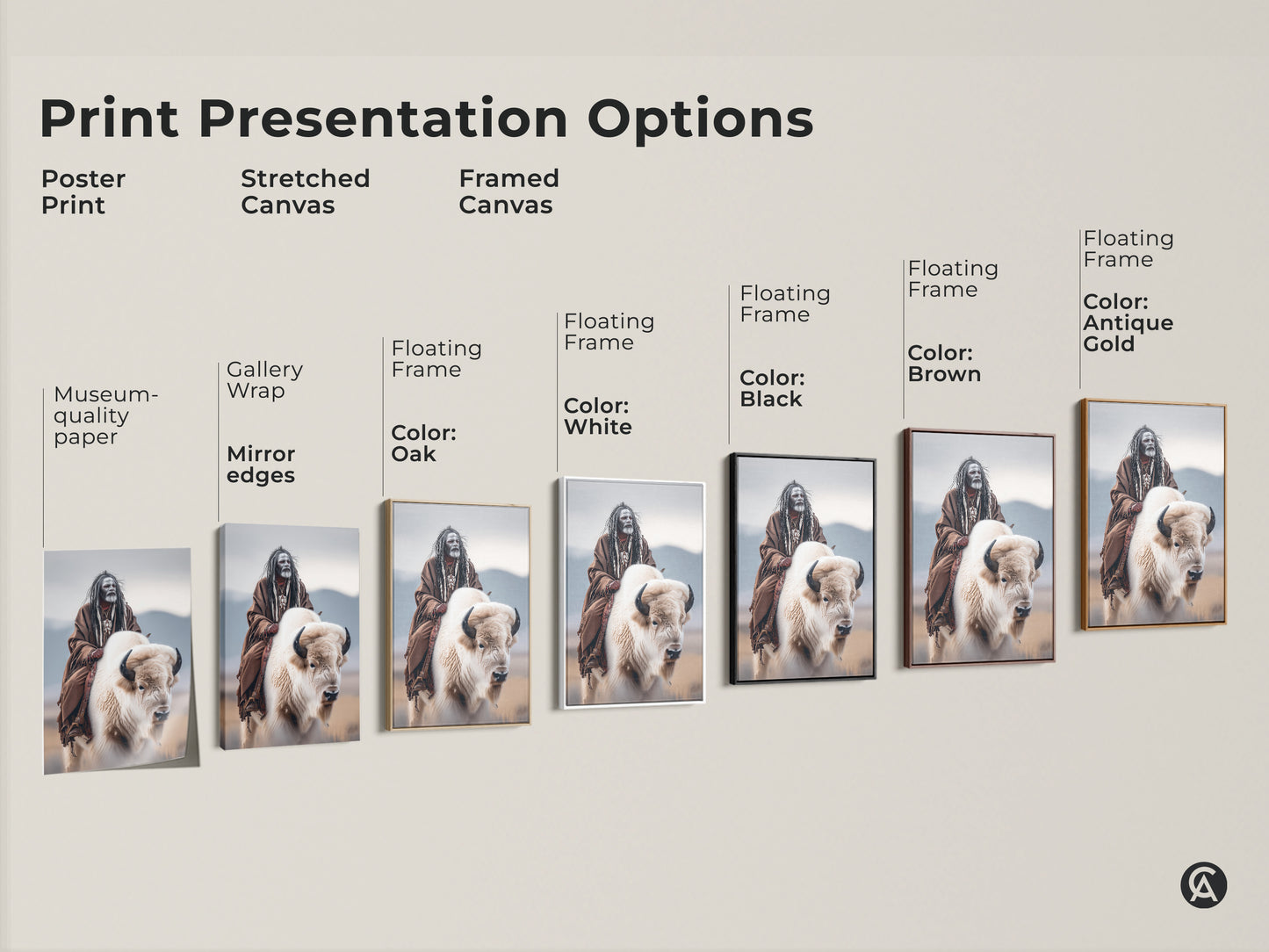 Explore print presentation options for Native American artwork. Choose from poster prints to stretched canvas and framed canvas. See the artwork featuring a Native American man riding a white buffalo. Find the perfect style for your home decor. Museum-quality paper and floating frames available.