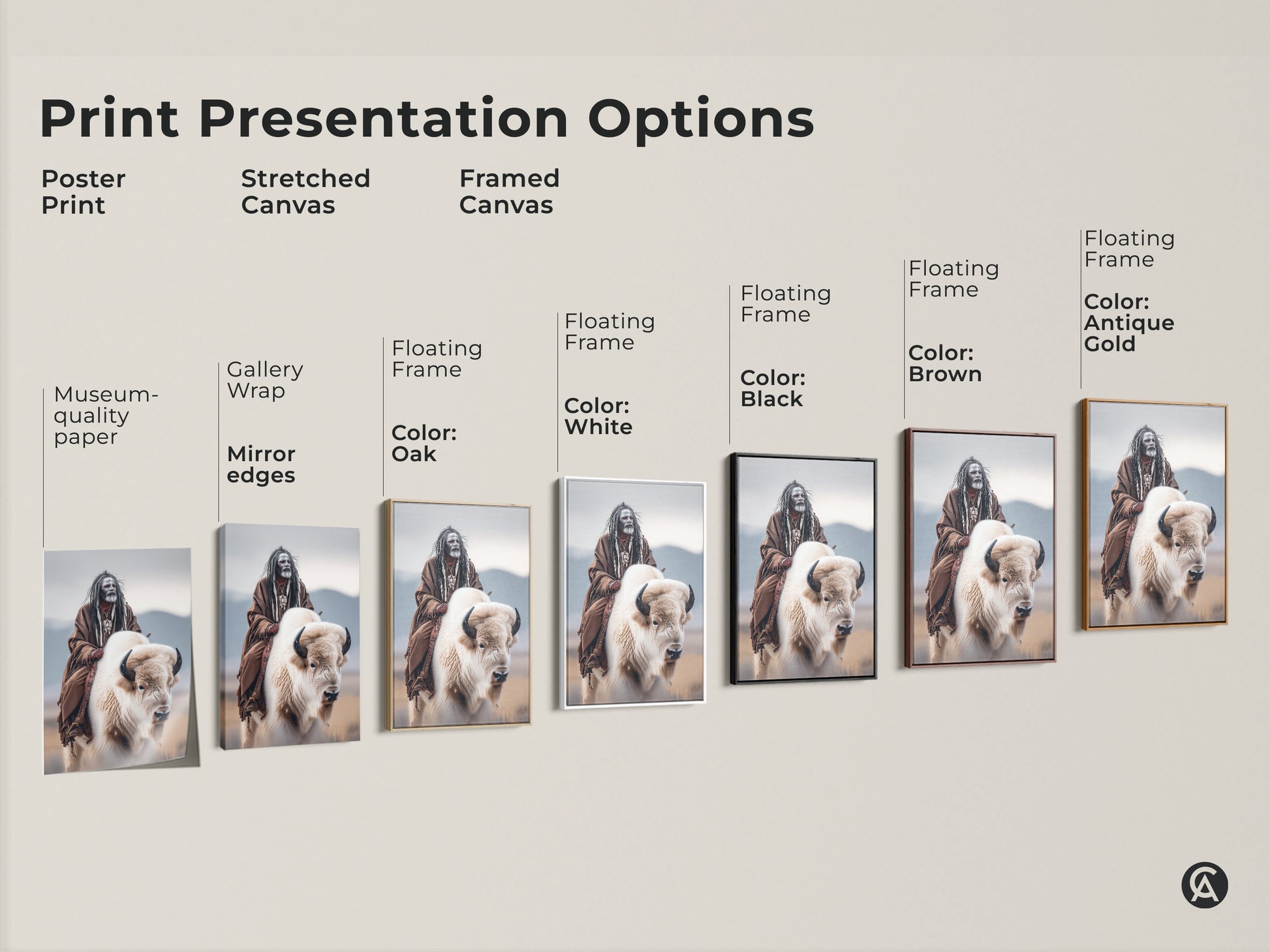 Explore print presentation options for Native American artwork. Choose from poster prints to stretched canvas and framed canvas. See the artwork featuring a Native American man riding a white buffalo. Find the perfect style for your home decor. Museum-quality paper and floating frames available.