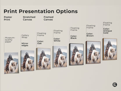 Explore print presentation options for Native American artwork. Choose from poster prints to stretched canvas and framed canvas. See the artwork featuring a Native American man riding a white buffalo. Find the perfect style for your home decor. Museum-quality paper and floating frames available.